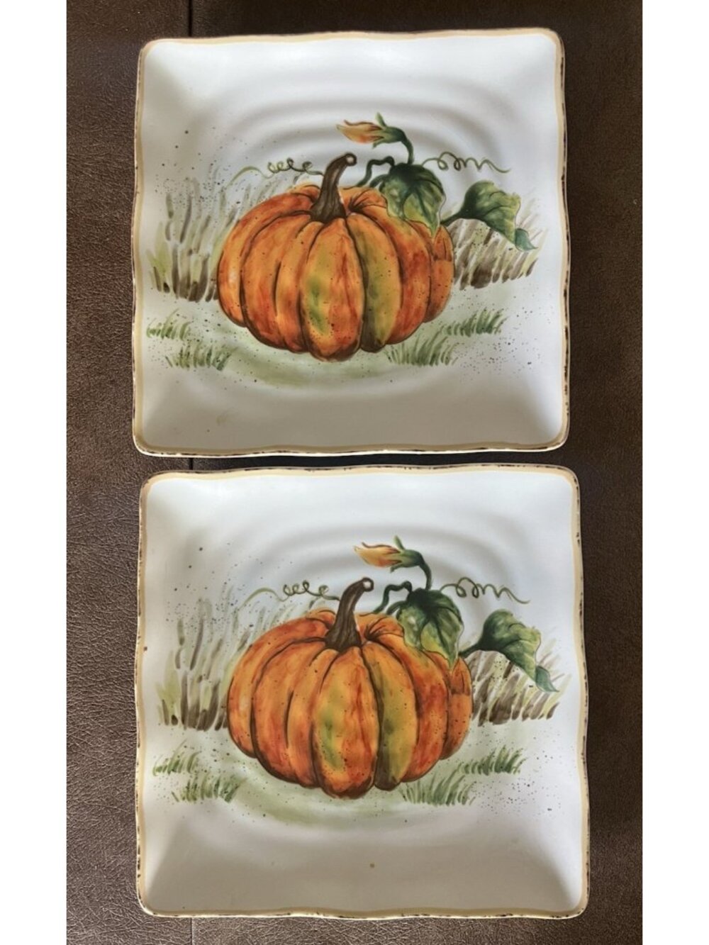 Set of 2 Maxcera Ceramic Square Pumpkin Salad Plates Fall Harvest 8.5" Snacks